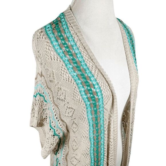 Chicos XL Open Knit Duster Cardigan Spring Summer Teal Mix Fringe Boho Size 3 - Picture 4 of 10